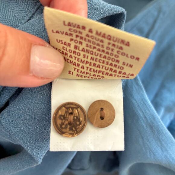 Seven Palm Brand Men’s Cobalt Blue 100% Silk Button Shirt US L Wood Button - Picture 10 of 10